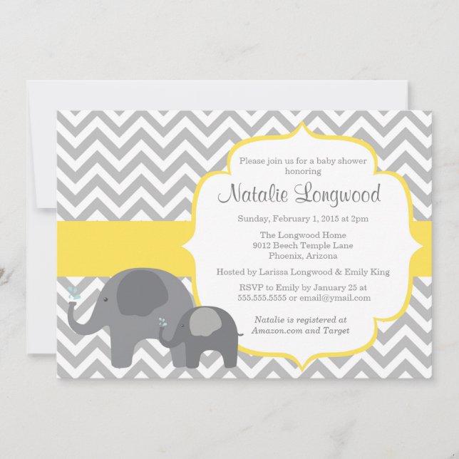 Invitation Baby shower éléphant, chevron jaune (Devant)