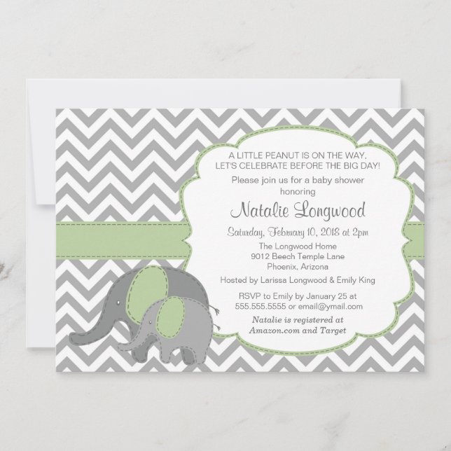 Invitation Baby shower éléphant Chevron vert menth (Devant)