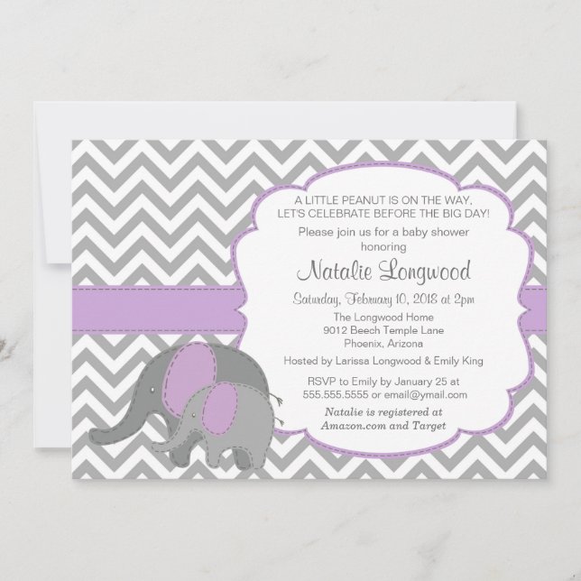 Invitation Baby shower éléphant, Chevron, violet (Devant)