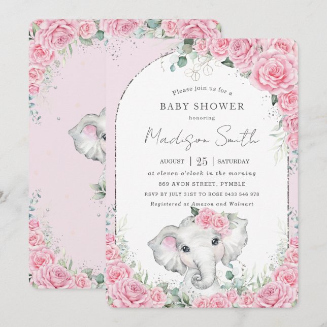 Invitation Baby shower Eléphant Chic Rose Floral Doux (Devant / Derrière)