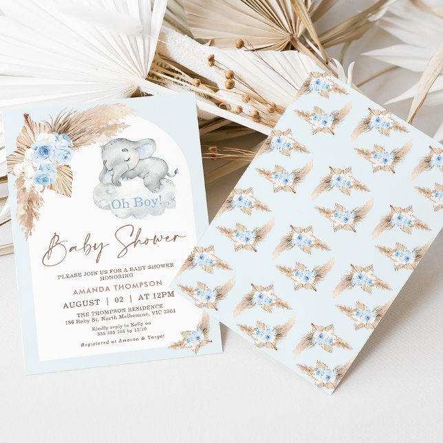 Invitation Baby shower éléphant couché à l'arc bleu Boho (Modern boy's elephant themed baby shower invitation with blue boho floral arrangement.)