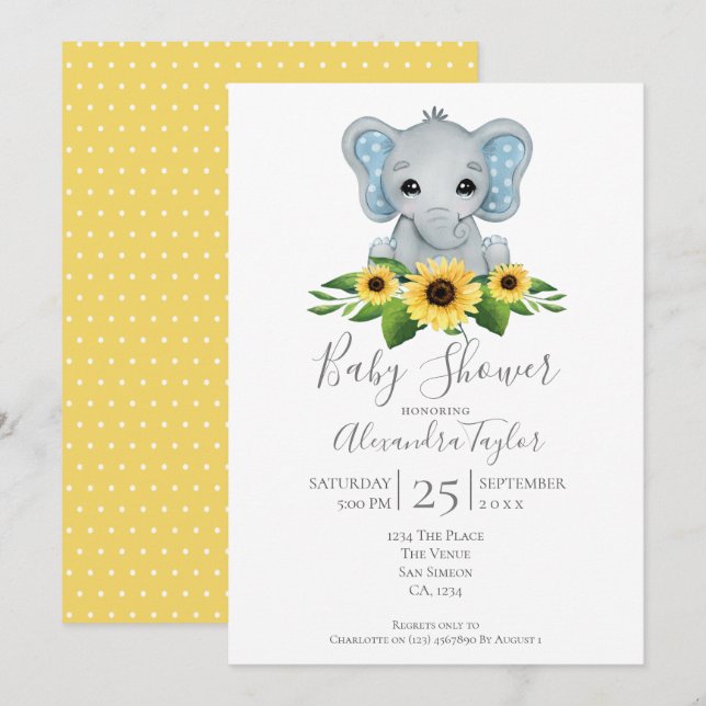 Invitation Baby shower Eléphant Cute Personnalisé (Devant / Derrière)