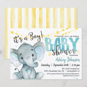 Invitation Baby shower éléphant de garçon bleu et 