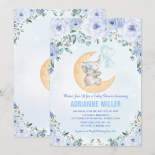 Invitation Baby shower éléphant de garçon / Floral bleu aquar