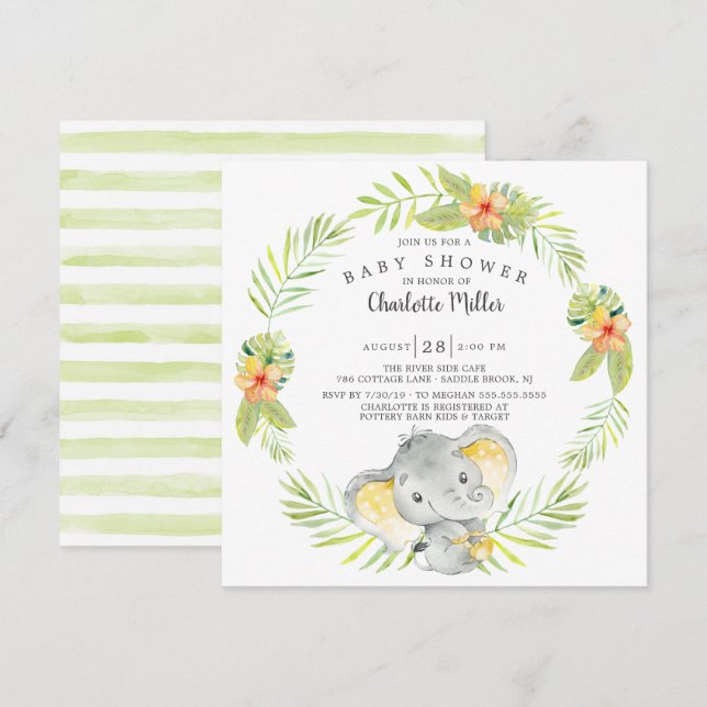 Invitation Baby shower Eléphant de la jungle neutre entre hom (Devant / Derrière)