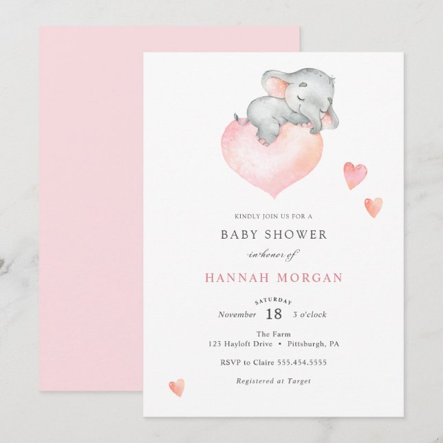 Invitation Baby shower éléphant de la petite fille (Devant / Derrière)