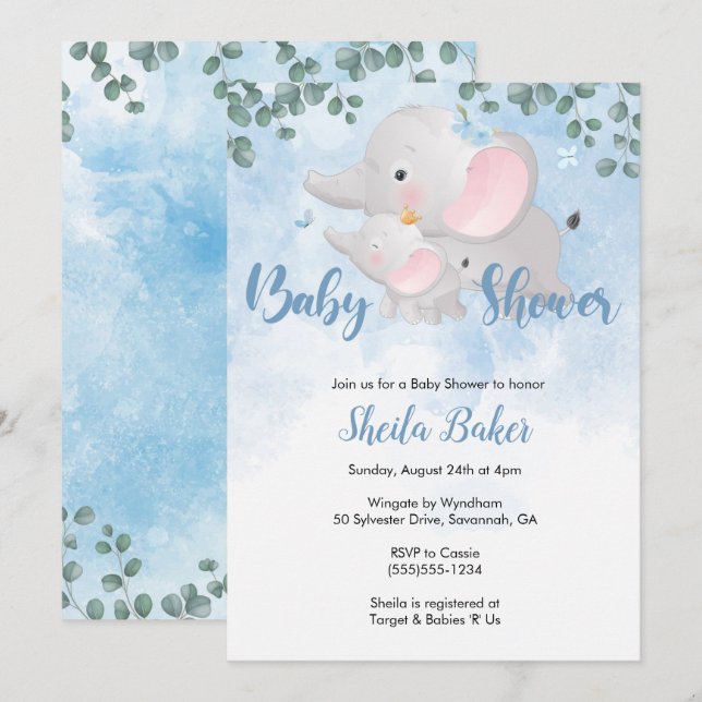 Invitation Baby shower éléphant, éléphant bleu (Devant / Derrière)