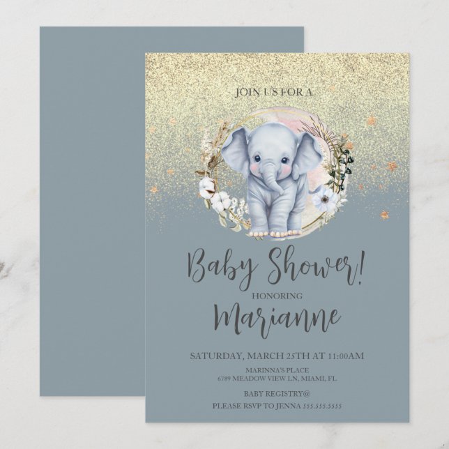 Invitation Baby shower éléphant Faux Gold Parties scintillant (Devant / Derrière)