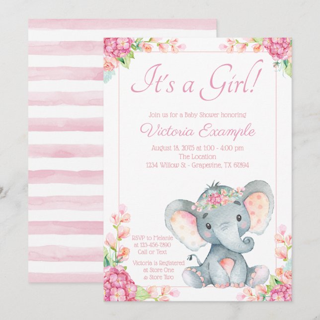 Invitation Baby shower Eléphant fille mignonne (Devant / Derrière)