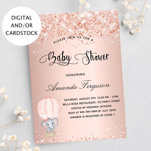Invitation Baby shower éléphant fille rose montgolfière (Créateur téléchargé)