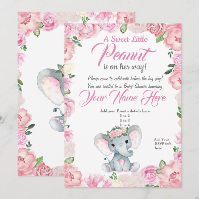 Invitation Baby shower Eléphant fille rose rose (Devant / Derrière)
