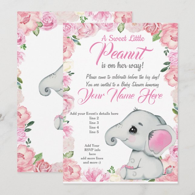 Invitation Baby shower Eléphant fille rose rose (Devant / Derrière)