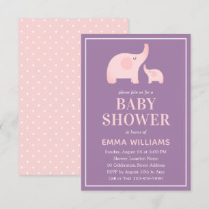 Invitation Baby shower éléphant fille - rose viole