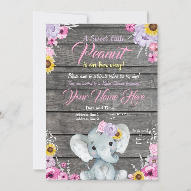Invitation Baby shower Eléphant fille, rose violet jaune (Devant)