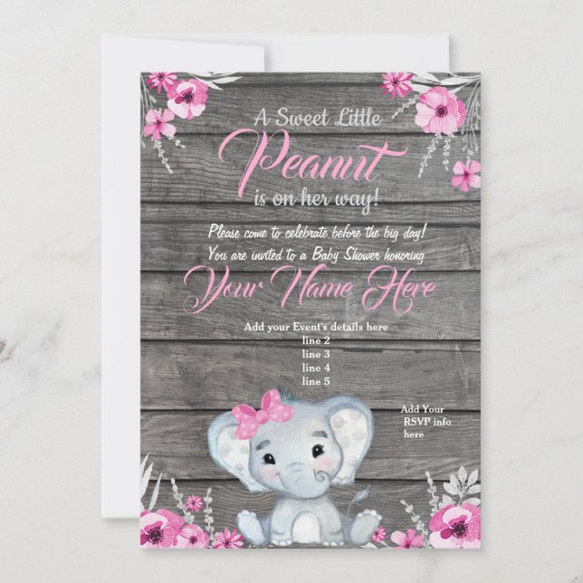 Invitation Baby shower Eléphant fille, rustique, r (Devant)