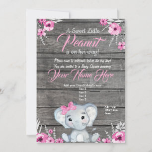 Invitation Baby shower Eléphant fille, rustique, r