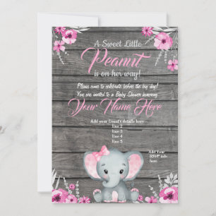 Invitation Baby shower Eléphant fille, rustique, r
