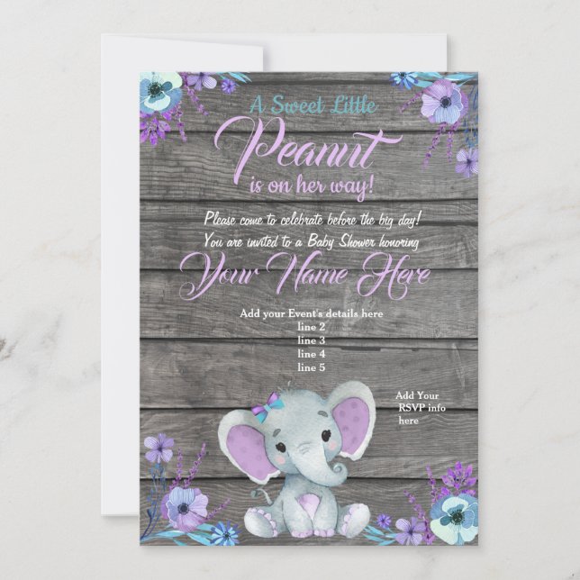 Invitation Baby shower Eléphant fille, rustique, t (Devant)