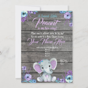 Invitation Baby shower Eléphant fille, rustique, t