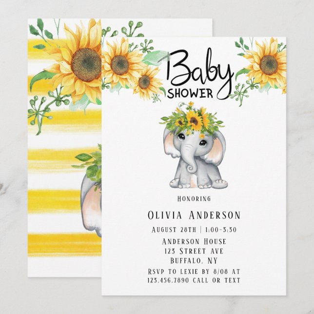 Invitation Baby shower Eléphant Fille Tournesol Chic (Devant / Derrière)