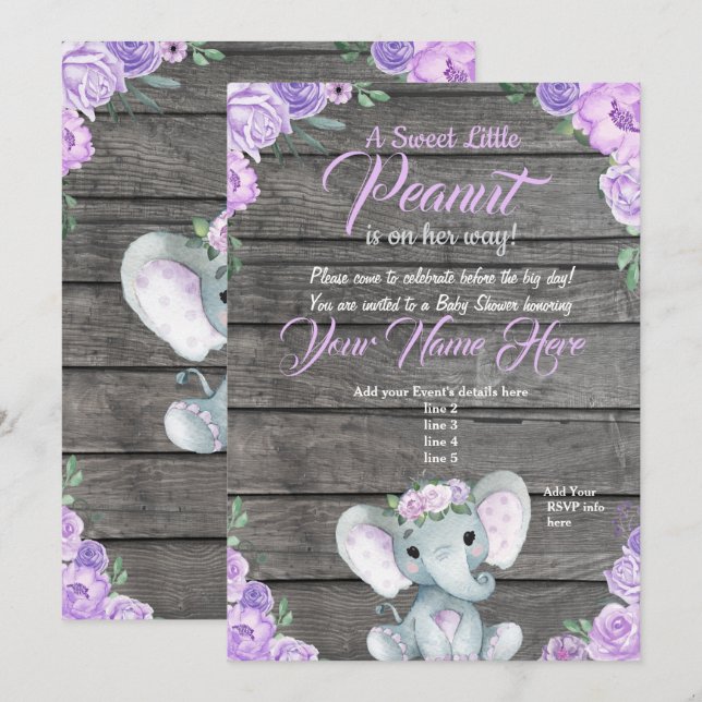 Invitation Baby shower Eléphant fille violet rusti (Devant / Derrière)