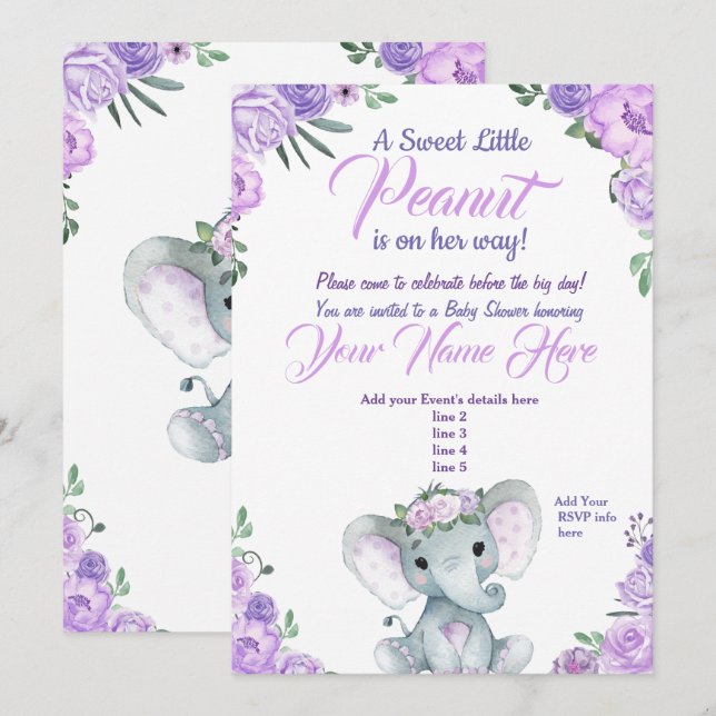Invitation Baby shower Eléphant fille violet rusti (Devant / Derrière)