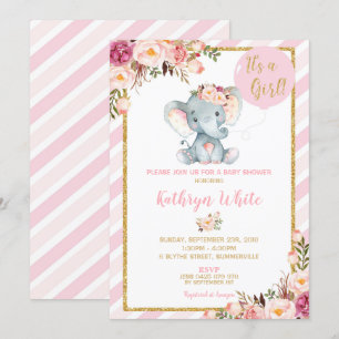 Invitation Baby shower éléphant Filles raypes