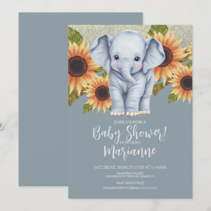 Invitation Baby-Shower Éléphant Fleurs Jaunes Paillettes Bleu