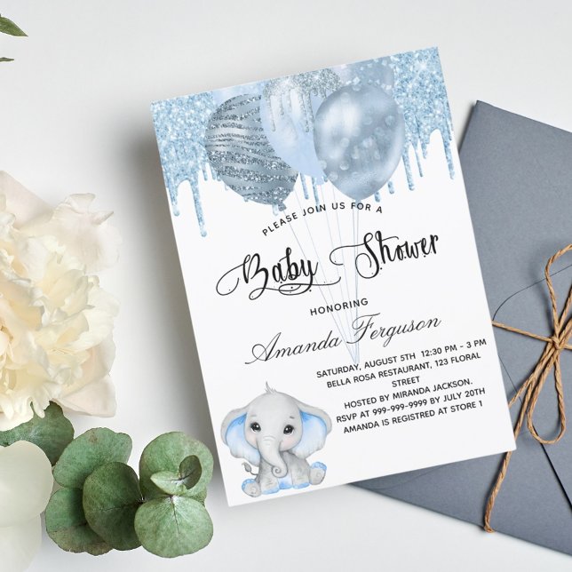 Invitation Baby shower éléphant garçon ballon bleu (Créateur téléchargé)