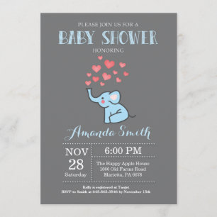 Invitation Baby shower éléphant Garçon bleu et gri