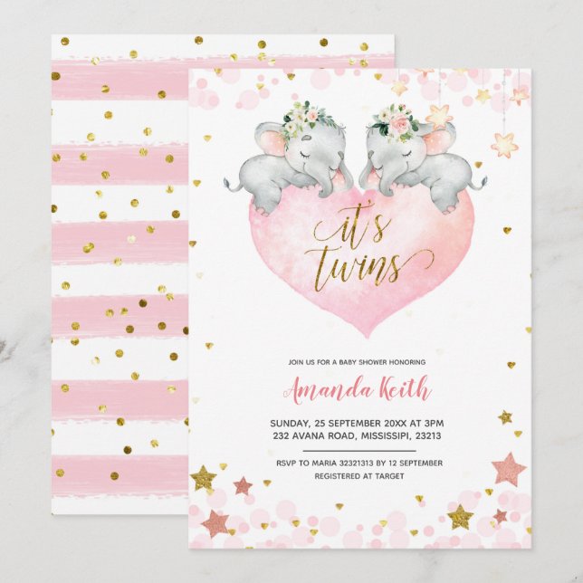 Invitation Baby shower Elephant Girl Twins (Devant / Derrière)