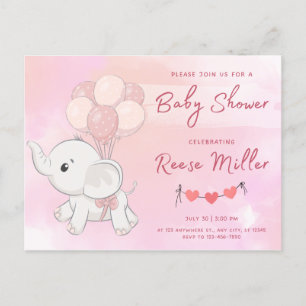 invitation baby shower, elephant, girls, postcard