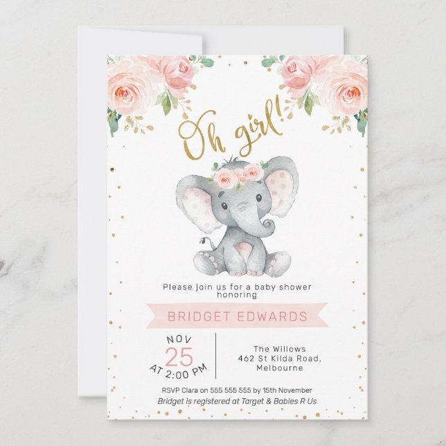 Invitation Baby shower éléphant Gold Rose Girl's Safari Eleph (Devant)