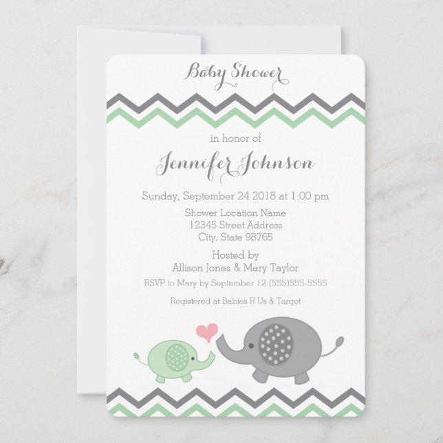 Invitation Baby shower éléphant | Green Grey Chevr (Devant)