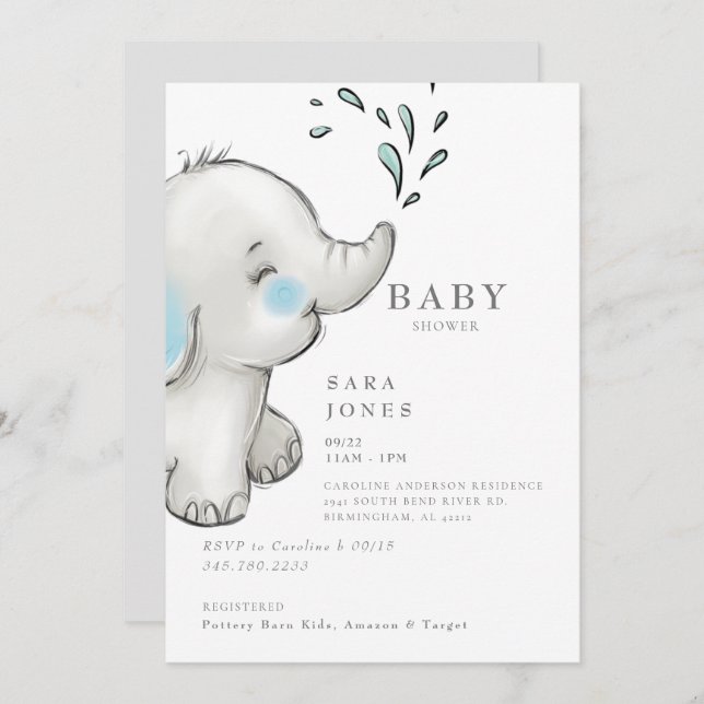Invitation Baby shower Eléphant gris mou (Devant / Derrière)
