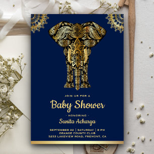 Invitation Baby Shower Eléphant Indien Or Bleu