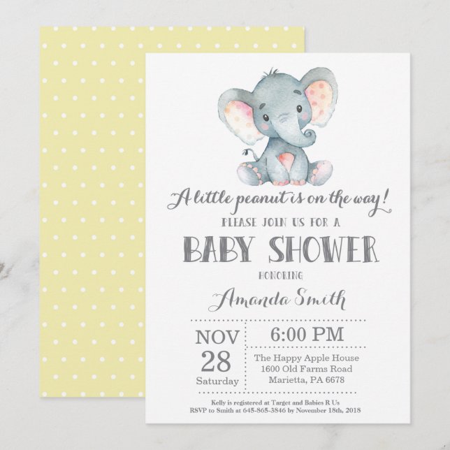 Invitation Baby shower éléphant Jaune et gris (Devant / Derrière)