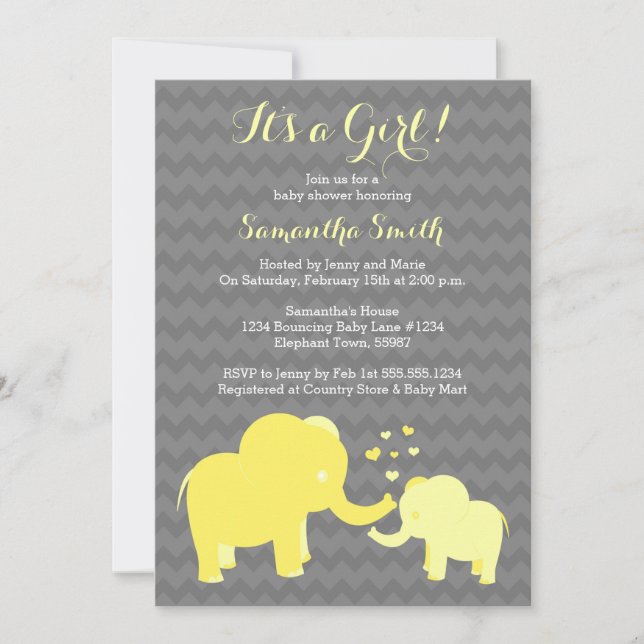 Invitation Baby shower éléphant Jaune et gris (Devant)