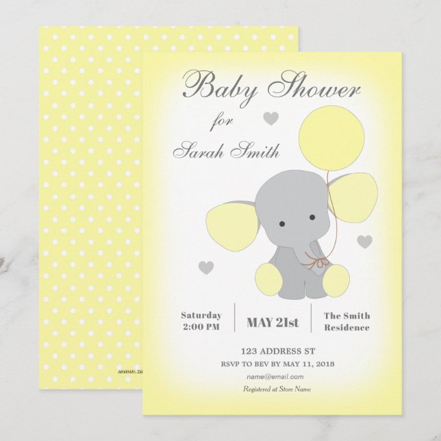 Invitation Baby shower éléphant Jaune Neutre (Devant / Derrière)