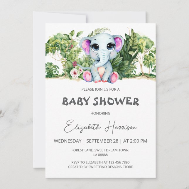 Invitation Baby shower Eléphant mignon (Devant)