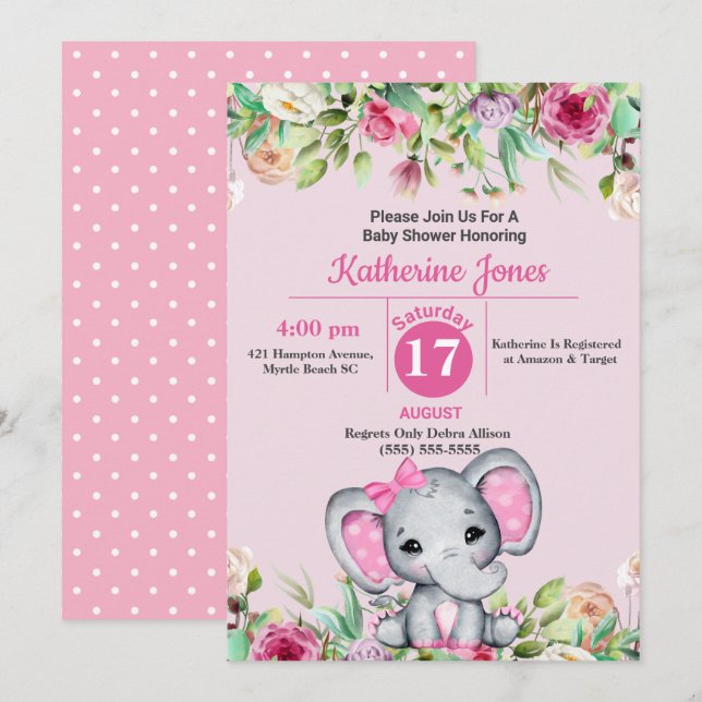 Invitation Baby shower Eléphant mignon (Devant / Derrière)