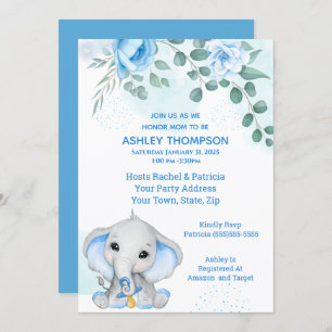 Invitation Baby shower Eléphant mignon Garçon bleu Floral