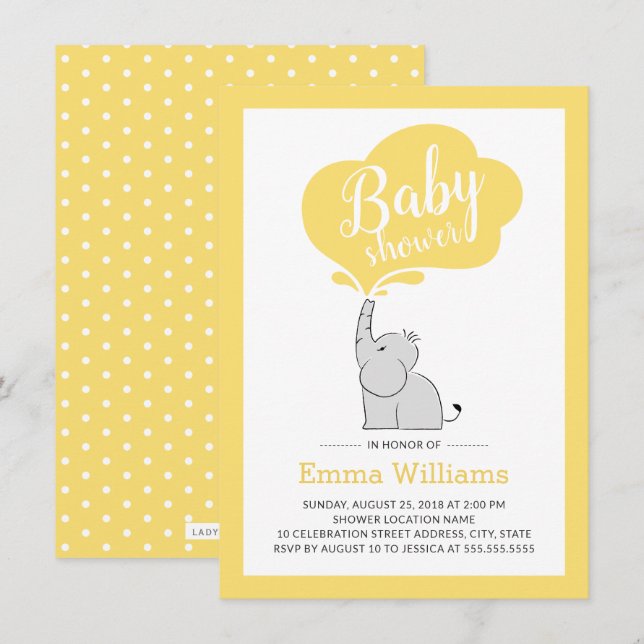 Invitation Baby shower éléphant moderne | jaune (Devant / Derrière)