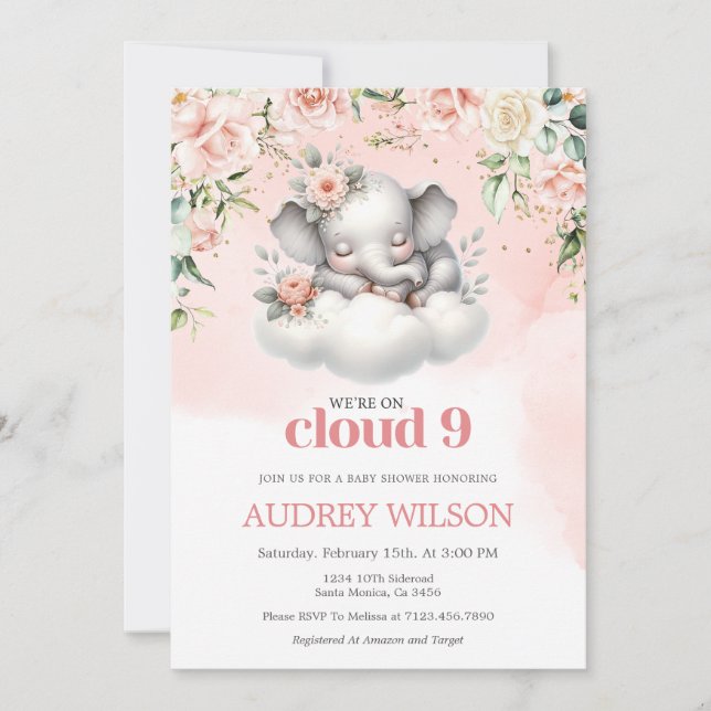 Invitation Baby shower éléphant Nous sommes sur le nuage 9 (Devant)