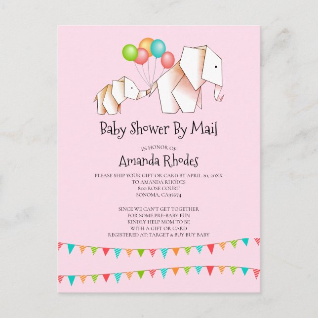 Invitation Baby shower Éléphant Par Mail Pink (Devant)