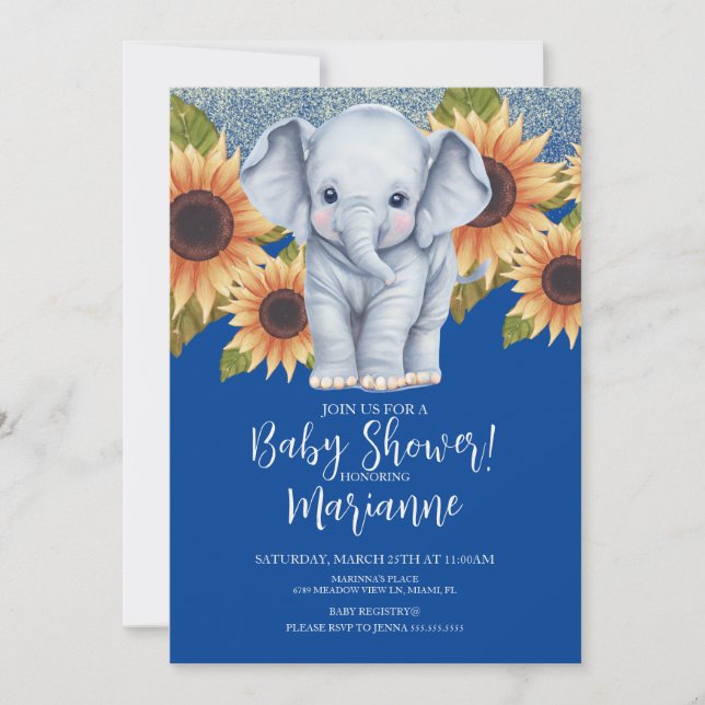 Invitation Baby shower éléphant Parties scintillant tournesol (Devant)