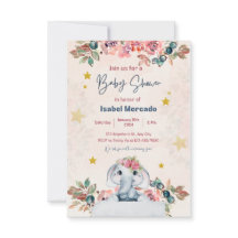 invitation baby shower, elephant, pink, enfant