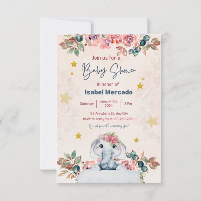invitation baby shower, elephant, pink, enfant (Front)