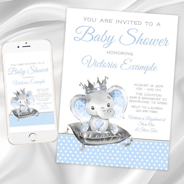 Invitation Baby shower éléphant Prince Boy (Boy elephant prince baby shower invitation. Instant download and printed invitations available.)