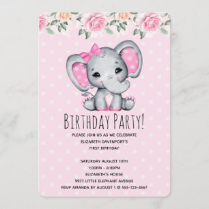 Invitation Baby-Shower éléphant rose et bordure de roses